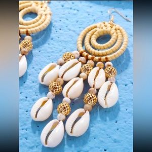 🌊 1 PAIR LEFT Boho Cowrie Shell Statement Earrings – Coastal Beaded Dangle